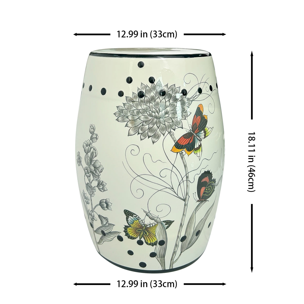 Butterfly & Floral Ceramic Drum Stool