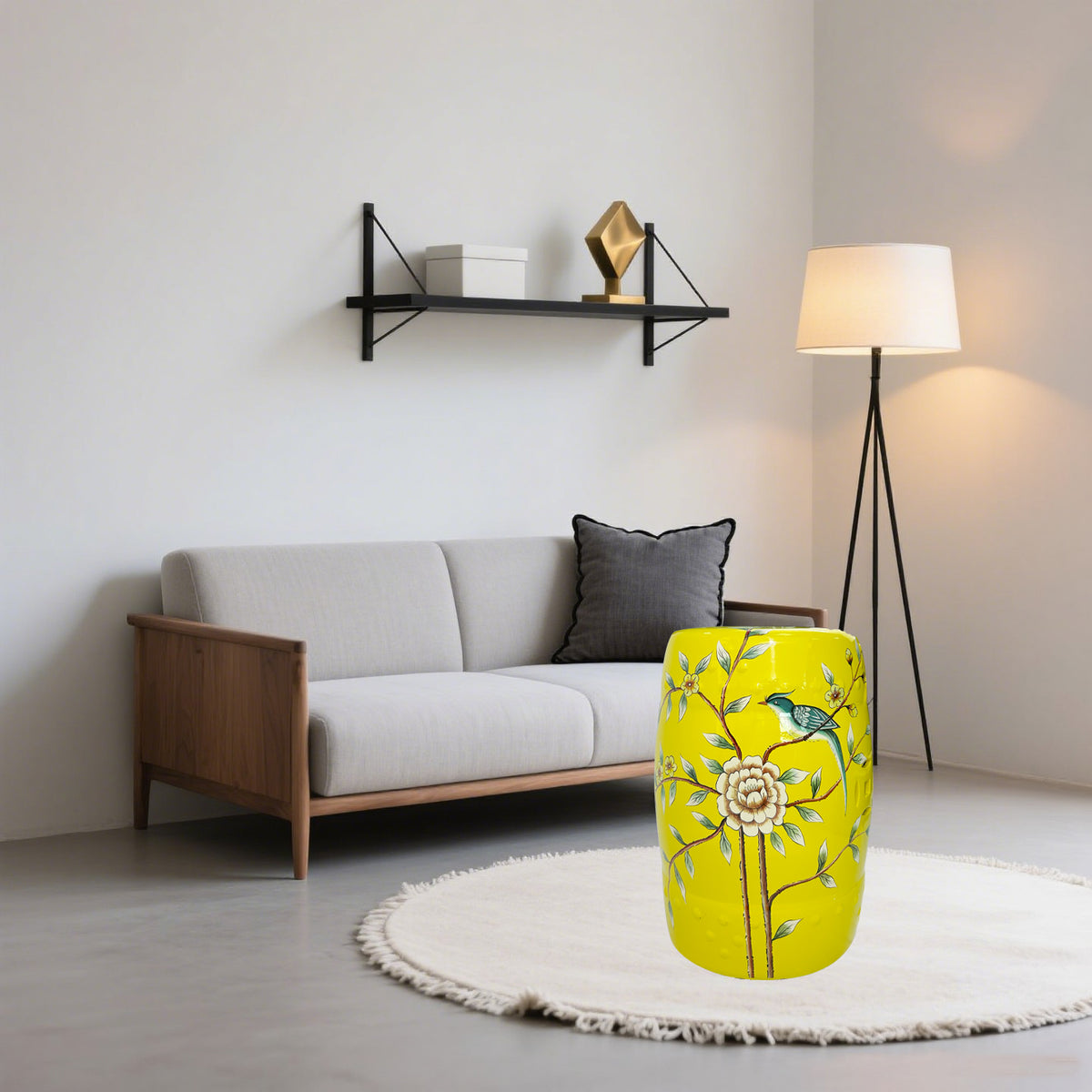 Vibrant Yellow Floral - Bird Ceramic Drum Stool