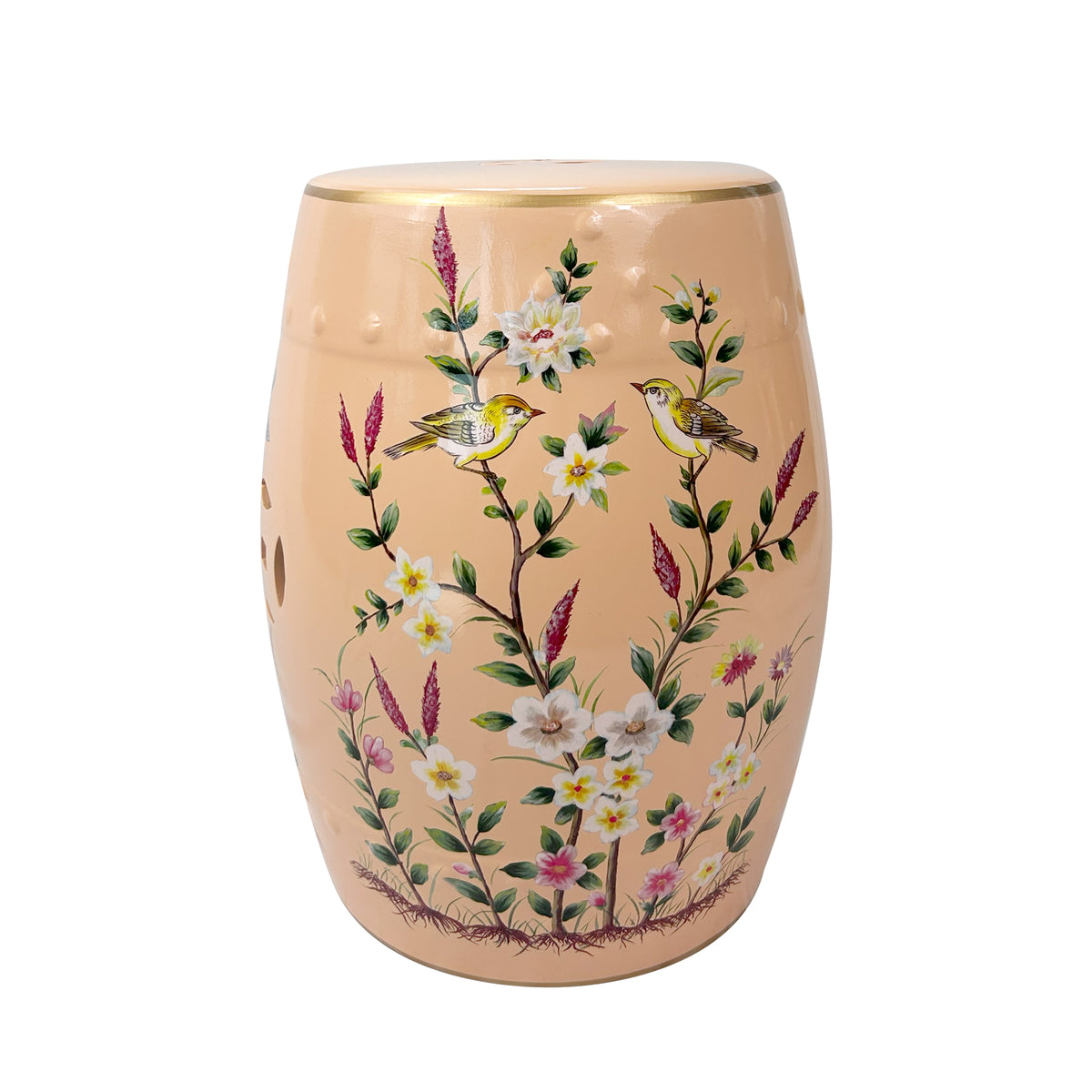 Hand-Painted Peach Ceramic Stool with Floral and Bird Motifs & Geometric Cut-outs