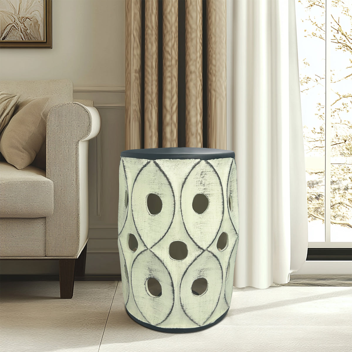 Retro Geometric-Perforated Ceramic Stool for Home Decor
